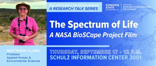 Promotion for Matt Clark's talk, "The Spectrum of Life" with day, time & location of event.